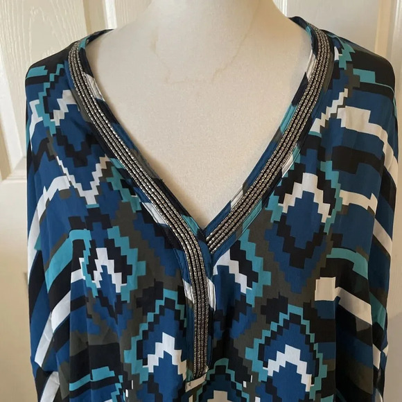 Lane Bryant Women’s Tunic Top Plus 18/20 Bling Boho Blue Geometric Semi Sheer - Picture 2 of 10